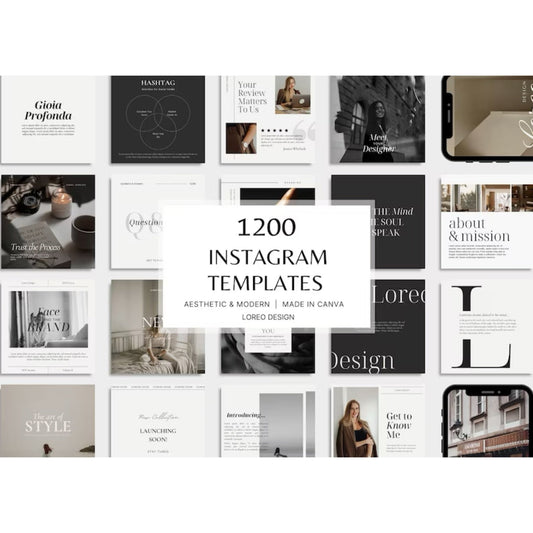 1200 Instagram Templates - Aesthetic | Modern | Minimal | Neutral | Black & White - Post - Stories - Business - Instagram Templates Canva - Digital Product Store